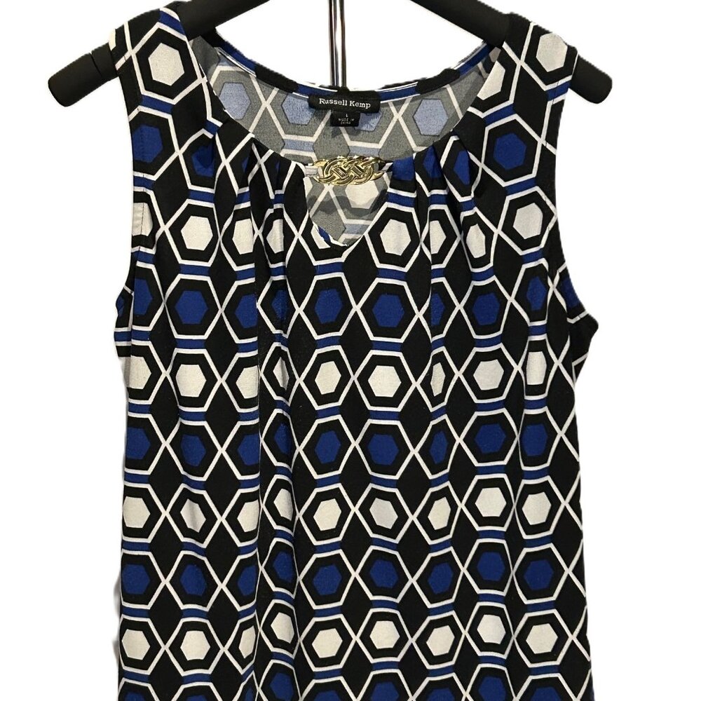 Russell Kemp Blue, Black and White Geometric Design Blouse Size Large